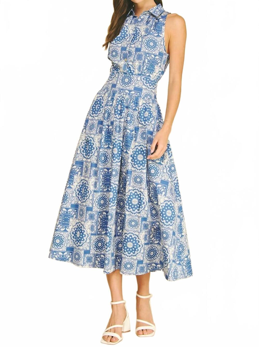 NEW PINCH medallion print button down dress in blue